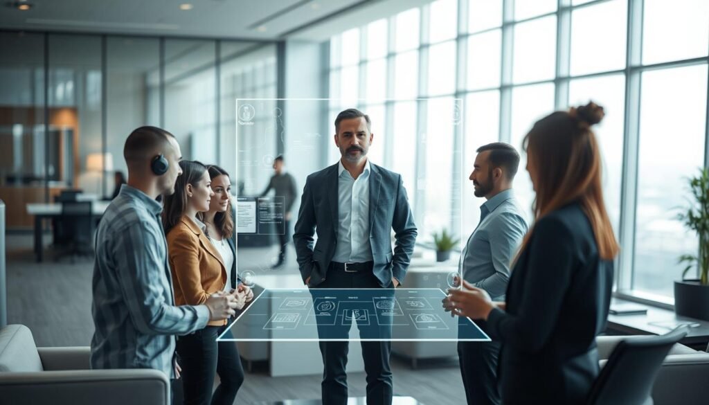A blended workspace, where human and artificial intelligence collaborate seamlessly. At the center, a CEO stands amidst a team of workers, both human and digital, all focused on a holographic display. The background blurs into a futuristic corporate office, with sleek furniture and floor-to-ceiling windows offering a panoramic view. Soft, diffused lighting creates an atmosphere of productivity and innovation. The overall scene conveys a harmonious integration of human expertise and machine capabilities, reflecting the article's focus on the CEO's experience in leading this hybrid workforce.