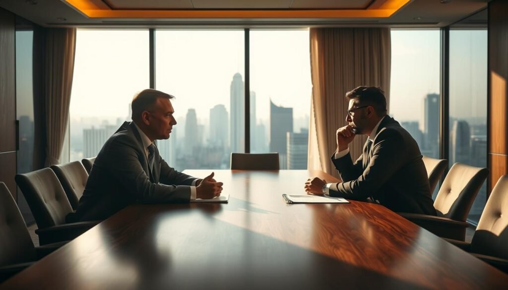 A boardroom scene with a large mahogany table, two executives sitting across from each other, engaged in an intense discussion. Soft, warm lighting casts shadows across their faces, creating a sense of weight and gravity. In the background, a panoramic window overlooking a bustling city skyline, suggesting the high-stakes world of corporate decision-making. The mood is one of thoughtful contemplation, with the executives' body language and expressions conveying the nuances of "participación directa indirecta" - the direct and indirect ways in which decisions are made and power is wielded within a holding company structure.