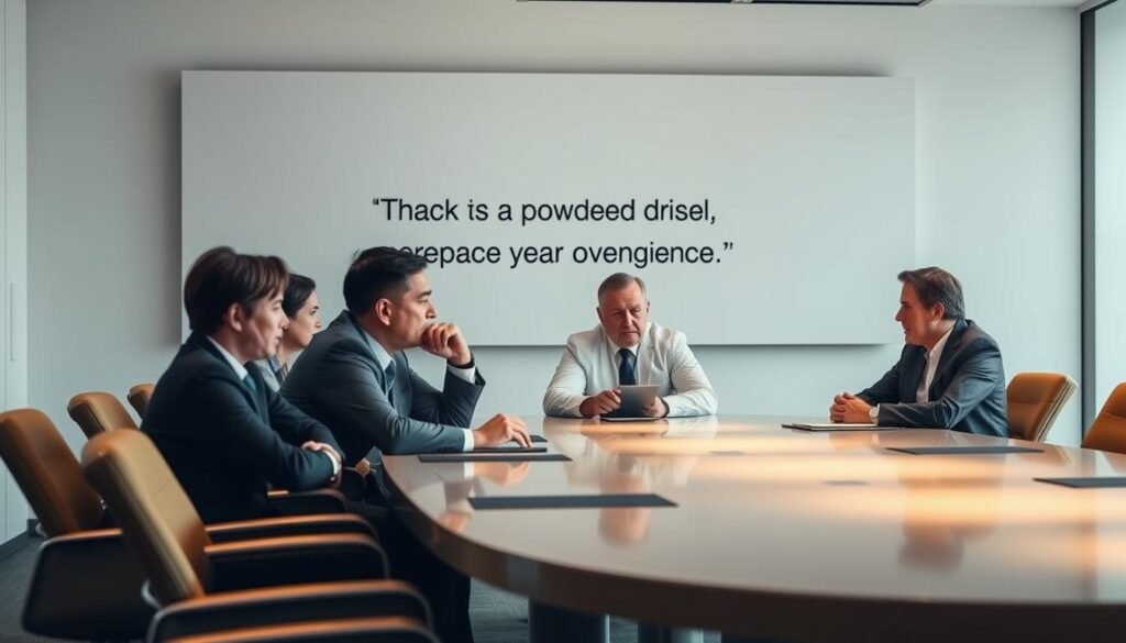 A boardroom setting with a group of executives and business leaders engaged in a thoughtful discussion. The boardroom table is adorned with sleek, modern furnishings, casting a warm glow under the soft, diffused lighting. The executives, dressed in professional attire, lean forward, their expressions focused, as they collaborate on strategies for talent governance and organizational alignment. In the background, a large, minimalist wall art piece reflects the company's mission and values, creating a sense of purpose and direction. The scene conveys an atmosphere of intellectual discourse, strategic planning, and a collective commitment to building a thriving, purpose-driven organization.
