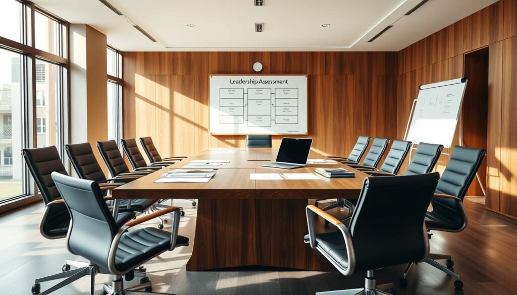 A boardroom setting with a large wooden conference table, surrounded by sleek, modern chairs. Bright natural light streams in through large windows, creating a warm, professional atmosphere. On the table, various documents and a laptop are arranged, suggesting an ongoing leadership assessment meeting. In the background, a whiteboard displays a visual framework for evaluating key competencies. The overall scene conveys a sense of thoughtful evaluation and strategic decision-making.