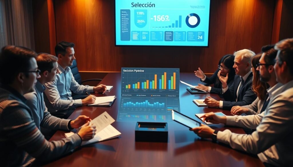 A boardroom table with executives engaged in a lively discussion, the scene illuminated by warm, focused lighting. In the center, a large screen displays a data visualization of "selección" metrics - candidate pipeline, interview quality, and hiring timelines. Executives gesticulate, papers and tablets in hand, as they analyze the information, seeking to optimize their executive headhunting process. The atmosphere is one of focused intensity, with a sense of collaboration and a desire to refine their human-AI approach to talent acquisition.