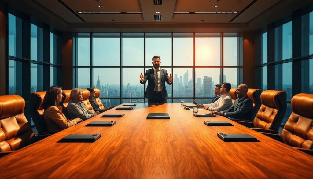 A boardroom with a large wooden table, plush leather chairs, and floor-to-ceiling windows overlooking a city skyline. In the center, a confident, charismatic leader stands at the head of the table, gesturing emphatically as they address a team of C-level executives. The lighting is warm and focused, casting dramatic shadows and highlighting the leader's authoritative presence. The atmosphere exudes a sense of strategic direction, collaboration, and a shared commitment to excellence. The image conveys the essence of impactful leadership - a blend of vision, methodical approach, and unwavering guidance.