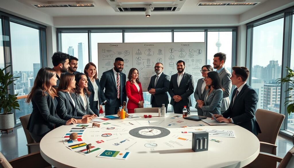 A bright, modern office environment showcasing cultural integration and change management. In the foreground, a diverse group of professional individuals in smart business attire engage in a lively discussion around a circular table, with visual representations of various cultures (artifacts, flags, symbols) integrated into the design. In the middle, a large whiteboard displays diagrams and flowcharts illustrating change processes and collaborative strategies. The background features a panoramic window with a cityscape view, symbolizing a dynamic work atmosphere. The lighting is warm and inviting, creating a sense of collaboration and openness. The scene captures a mood of positivity, growth, and teamwork, emphasizing the intersection of culture and effective organizational change.