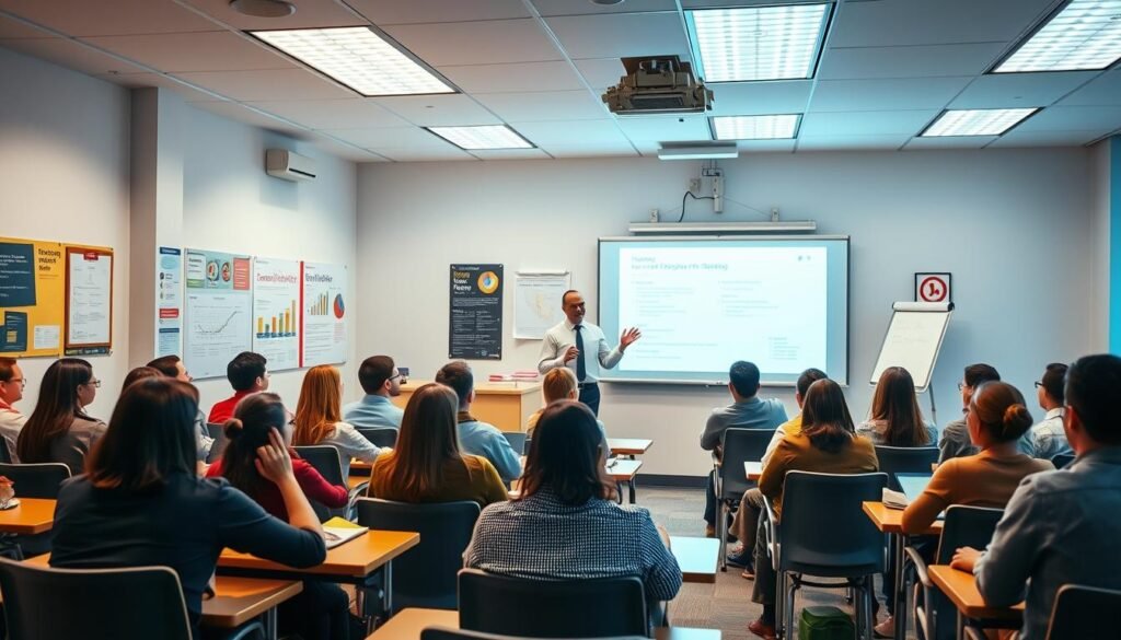 A brightly lit classroom filled with eager trainees seated at desks, their faces illuminated by the warm glow of a large, interactive whiteboard at the front. The walls are adorned with motivational posters and charts, creating an atmosphere of learning and progress. The instructor, a confident and knowledgeable figure, stands before the class, gesturing animatedly as they guide the trainees through a comprehensive training program. The scene conveys a sense of focused attention, collaboration, and the excitement of new beginnings, perfectly capturing the "training, goals, and momentum" of the onboarding process.