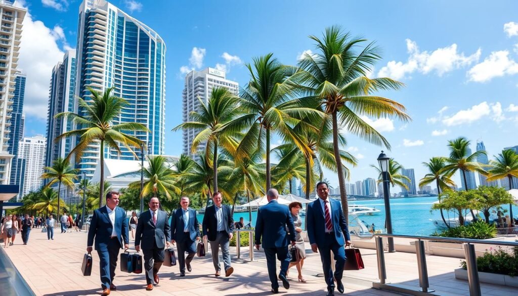 A bustling business district in Miami, Florida. In the foreground, a group of well-dressed executives stride purposefully down the sidewalk, briefcases in hand. The middle ground features a mix of modern high-rise buildings and palm trees swaying in the warm tropical breeze. In the background, the azure waters of Biscayne Bay glisten under the bright, sun-dappled sky. The scene exudes an air of professionalism, dynamism, and strategic importance - a thriving hub for business expansion and international commerce.