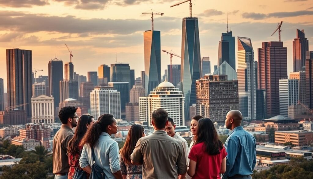 A bustling cityscape at dusk, with towering skyscrapers and cranes dotting the skyline. In the foreground, a group of diverse individuals stand in a circle, engaged in a thoughtful discussion, their expressions conveying a sense of responsibility and control. The middle ground features a blend of modern and traditional architecture, symbolizing the transformación of society. Warm, golden lighting casts a sense of optimism, while subtle shadows suggest the complexities of the compliance guardrails and the weight of social change. The overall scene evokes a spirit of progress, collaboration, and the challenge of balancing progress with accountability.