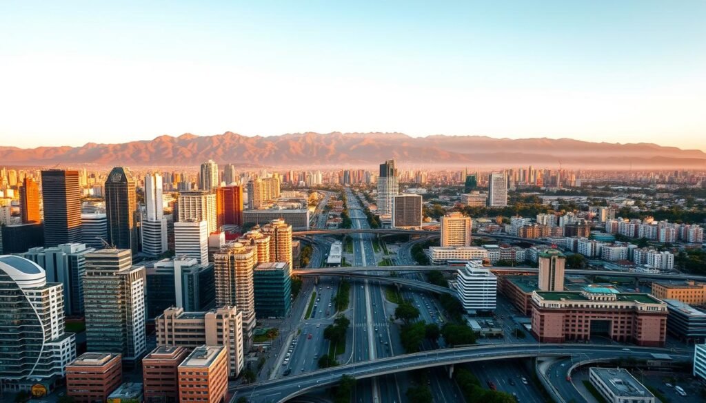 A bustling cityscape of Bogotá, Colombia, captured in a wide, panoramic view. The foreground features a diverse array of skyscrapers, office buildings, and commercial structures, representing the multisector nature of the city's economy. In the middle ground, we see a sprawling network of roads and highways, with vehicles of various sizes and types navigating the urban landscape. The background is dominated by the majestic Andes mountains, their peaks rising majestically against a warm, golden-hour sky, bathed in soft, directional lighting. The scene conveys a sense of dynamic, interconnected growth and opportunity, reflecting the "cobertura multisector y multicompañía" that defines the city's thriving business environment.