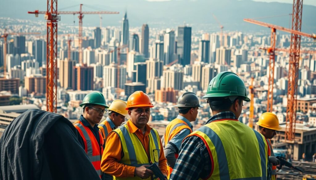 A bustling construction site in the heart of Bogotá, Colombia. In the foreground, a group of hard-working laborers in hard hats and safety vests toil away, sweat glistening on their brows as they operate heavy machinery and wield power tools. The middle ground reveals a sprawling cityscape of towering skyscrapers and cranes, a testament to the country's rapid economic growth. The background is bathed in warm, golden light, creating a sense of energy and vitality. The scene conveys the dynamic, labor-intensive nature of Colombia's workforce, capturing the challenges and opportunities inherent in the country's rapid development.