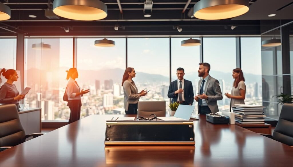 A bustling corporate office, bathed in warm, natural lighting. In the foreground, an executive desk with a polished metal nameplate, surrounded by a neatly organized array of office supplies. Beyond, a team of talented professionals engaged in lively discussions, their expressions focused and driven. In the background, a panoramic view of the vibrant city of Medellín, symbolizing the dynamic environment in which this headhunting process takes place. The scene conveys a sense of professional excellence, collaboration, and the pursuit of the right talent to propel a company forward.