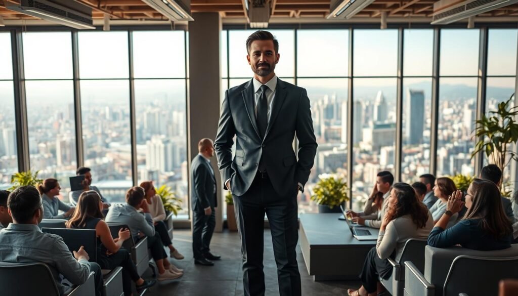 A bustling corporate office in Mexico, with a well-dressed executive standing confidently at the center, surrounded by a team of talented professionals. The foreground is filled with a diverse array of people engaged in lively discussions, suggesting a headhunting process in progress. The middle ground showcases a modern, well-equipped workspace with sleek furniture and state-of-the-art technology. In the background, a panoramic view of the Mexico City skyline can be seen through large windows, bathed in warm, natural lighting. The overall atmosphere conveys a sense of professionalism, dynamism, and the pursuit of the best talent for the manufacturing industry.