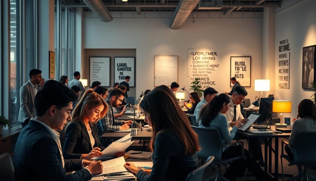 A bustling corporate office setting, with an array of professionals engaged in the intricate process of talent selection. In the foreground, a group of candidates undergoing interviews, their expressions a mix of anticipation and determination. The middle ground features a team of headhunters meticulously reviewing resumes and portfolios, their faces illuminated by the warm glow of desk lamps. In the background, a sleek, minimalist conference room where final decisions are made, its walls adorned with motivational artwork and inspirational quotes. The lighting is a harmonious blend of natural daylight filtering through large windows and the subtle glow of task lighting, creating a professional and focused atmosphere. The overall scene conveys the careful, step-by-step nature of the "proceso selección" (selection process), as the pursuit of top talent unfolds with precision and purpose.