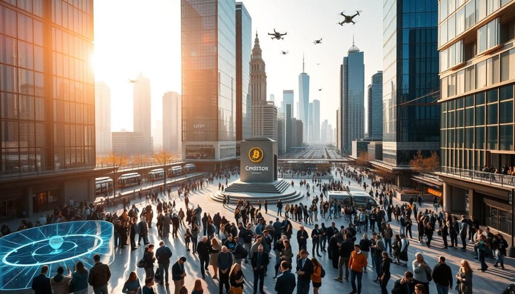 A bustling crypto plaza, bathed in warm sunlight filtering through glass-paneled skyscrapers. In the foreground, a vibrant community gathers around interactive holographic displays, discussing the latest trends in decentralized finance. The middle ground features a central plaza with a towering crypto monument, surrounded by sleek blockchain startup offices. In the background, a panoramic view of a futuristic city skyline, with hover-trams and drones zipping through the air. The atmosphere exudes a sense of innovation, progress, and the boundless potential of the crypto ecosystem.