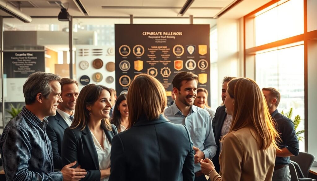 A bustling executive office setting, illuminated by warm, natural lighting filtering through large windows. In the foreground, a group of successful professionals engaged in a lively discussion, their expressions animated as they exchange ideas. The middle ground features an impressive display of corporate achievements and accolades, showcasing the company's track record of excellence. The background depicts a vibrant cityscape, hinting at the dynamic, fast-paced environment in which this enterprise thrives. The overall atmosphere exudes a sense of confidence, collaboration, and a shared commitment to driving remarkable outcomes.