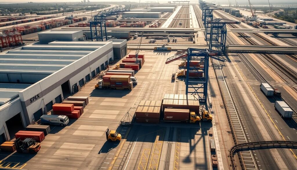 A bustling free trade zone, with modern warehouses, shipping containers, and cargo cranes lining the docks. In the foreground, forklifts and trucks move goods efficiently, while in the background, a network of paved roads and railways connect the zone to the wider transportation infrastructure. Bright sunlight casts long shadows, creating a sense of dynamism and productivity. The scene conveys the logistical advantages and efficiency of this well-designed, state-of-the-art free trade hub, ready to facilitate the flow of international commerce.