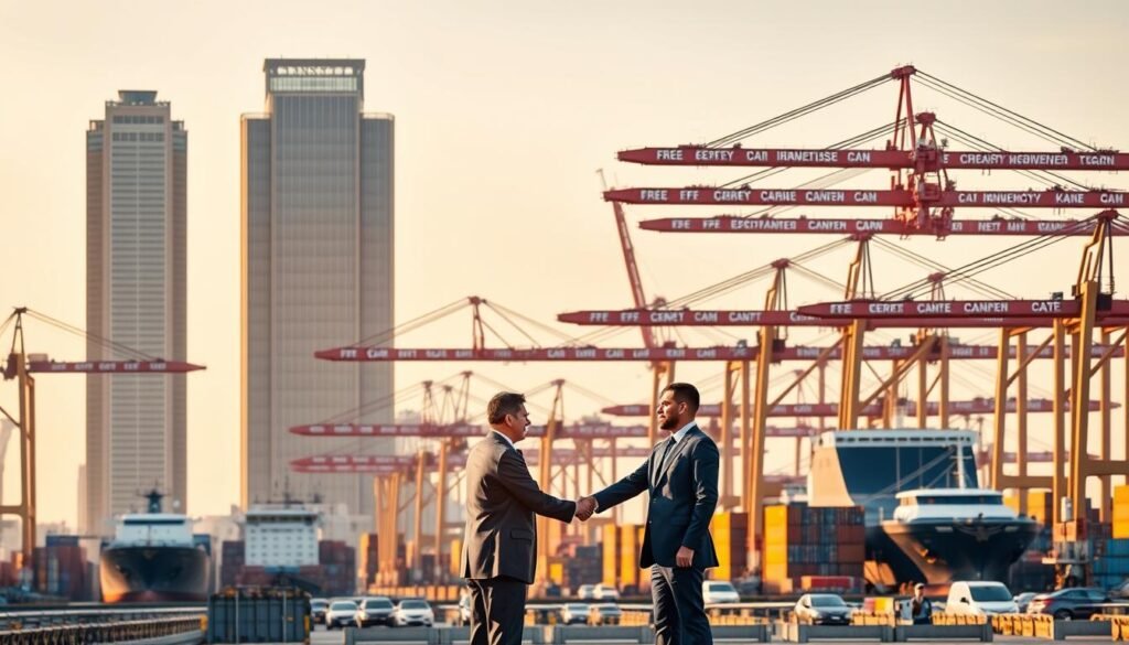 A bustling free trade zone, with towering modern buildings, cranes, and container ships in the background. In the foreground, a group of businesspeople in suits shake hands, symbolizing international trade and cooperation. The scene is bathed in warm, golden light, conveying a sense of prosperity and growth. The composition is balanced, with the central figures occupying the middle ground, surrounded by the active industrial landscape. The image suggests the benefits and opportunities that a free trade environment can bring to businesses, as they navigate the global marketplace.