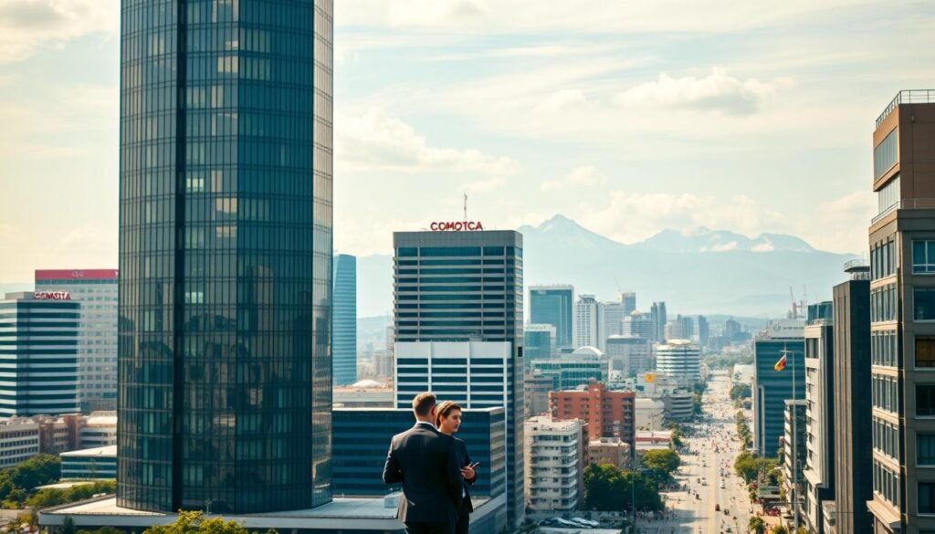 A bustling global metropolis, Bogotá, emerges as the backdrop for an executive search showcase. In the foreground, a towering skyscraper stands tall, its sleek glass facade reflecting the ever-changing skyline. Amidst the urban landscape, a team of seasoned professionals navigates the intricate world of talent acquisition, their keen eyes and sharp instincts guiding them towards the most sought-after candidates. The middle ground showcases the dynamism of the city, with a blend of modern architecture and vibrant street life, conveying the energy and opportunities that the Colombian capital offers. In the distance, the majestic Andes mountains rise, a silent reminder of the global reach and ambition that drive the executive search industry. The scene is imbued with a sense of purpose, professionalism, and a unwavering commitment to excellence that defines the executive search experience in Bogotá.