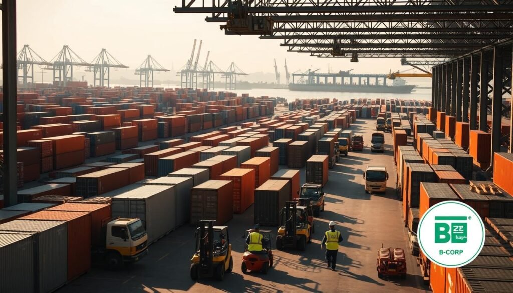 A bustling industrial setting with rows of neatly organized shipping containers, warehouses, and transportation vehicles. Forklifts move cargo efficiently, and workers in high-visibility vests oversee the smooth operation. The scene is bathed in warm, diffused lighting, casting long shadows and highlighting the scale and activity of the supply chain. In the background, towering cranes and cargo ships on the horizon suggest the global reach of the supply network. The overall atmosphere conveys a sense of productivity, reliability, and environmental consciousness, reflecting the values of a sustainable, B-Corp certified business.
