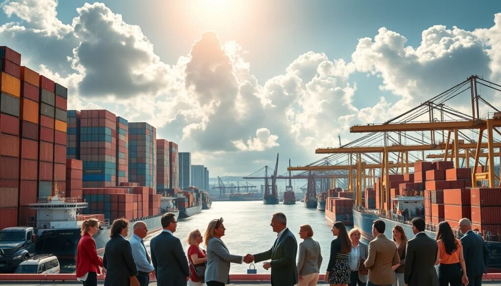 A bustling international trade hub, with towering shipping containers stacked high and cargo ships dotting the harbor. In the foreground, a diverse group of business professionals shake hands, negotiating trade deals against a backdrop of sleek modern office buildings and cranes hoisting freight. Sunlight filters through billowing clouds, casting a warm, prosperous glow over the scene. The image conveys a sense of global connectivity, economic opportunity, and the free flow of goods and services that characterize a thriving free trade agreement.