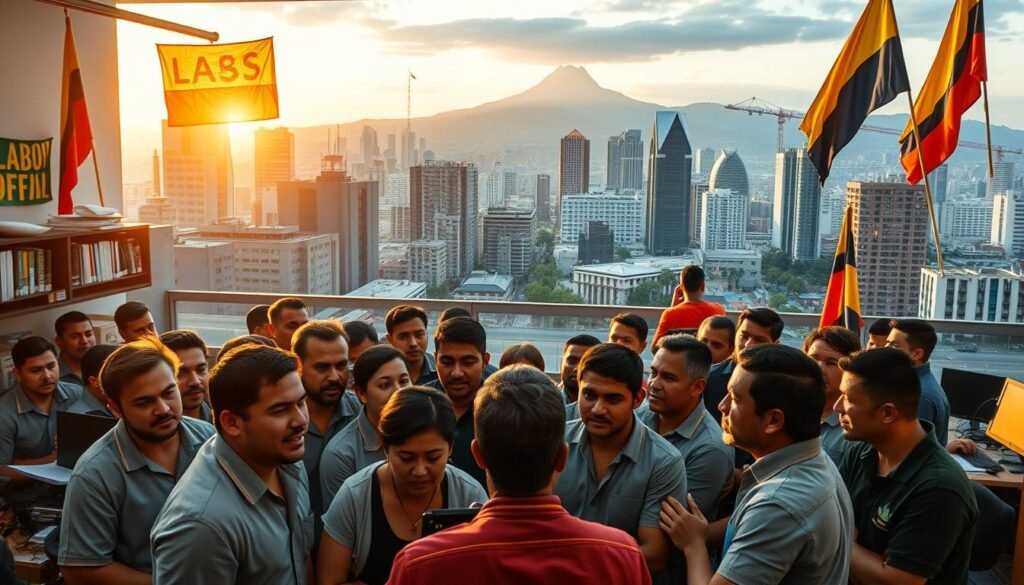 A bustling labor union headquarters in the heart of Bogotá, Colombia. In the foreground, a group of determined workers gathered, their faces alight with passion as they discuss strategies for collective bargaining. The middle ground showcases a well-organized office space, with desks, computers, and union flags adorning the walls. The background depicts the vibrant cityscape of the Colombian capital, with towering skyscrapers and the iconic Cerro de Monserrate in the distance, bathed in warm, golden-hour lighting. The overall atmosphere conveys a sense of unity, strength, and the unwavering resolve of the labor movement.