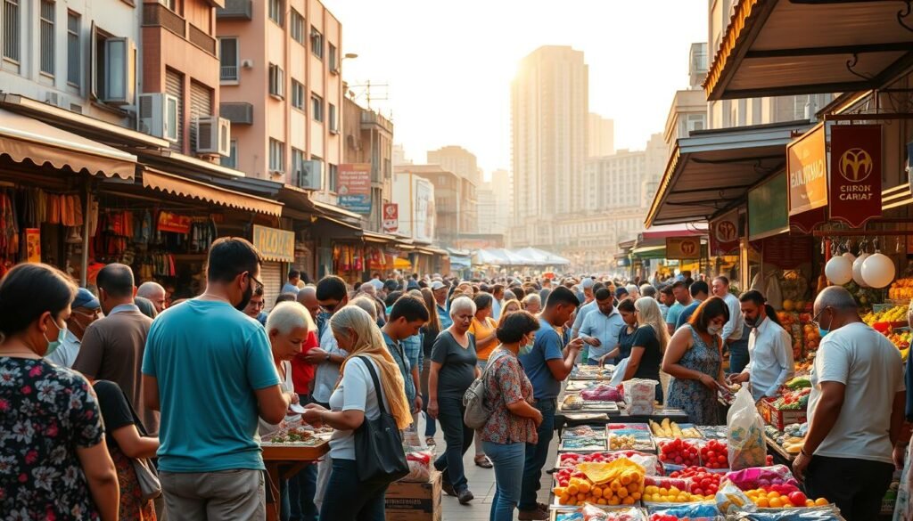 A bustling marketplace scene, with buyers and sellers interacting in a harmonious hábito. In the foreground, a diverse group of people examining products, haggling, and making exchanges. The middle ground showcases merchants tending to their stalls, displaying an array of goods. In the background, a vibrant cityscape with towering buildings and a warm, golden-hour lighting that casts a welcoming glow over the entire scene. The atmosphere is one of energy, community, and the satisfying rhythm of commerce, reflecting the dynamic relationship between buyers and sellers.