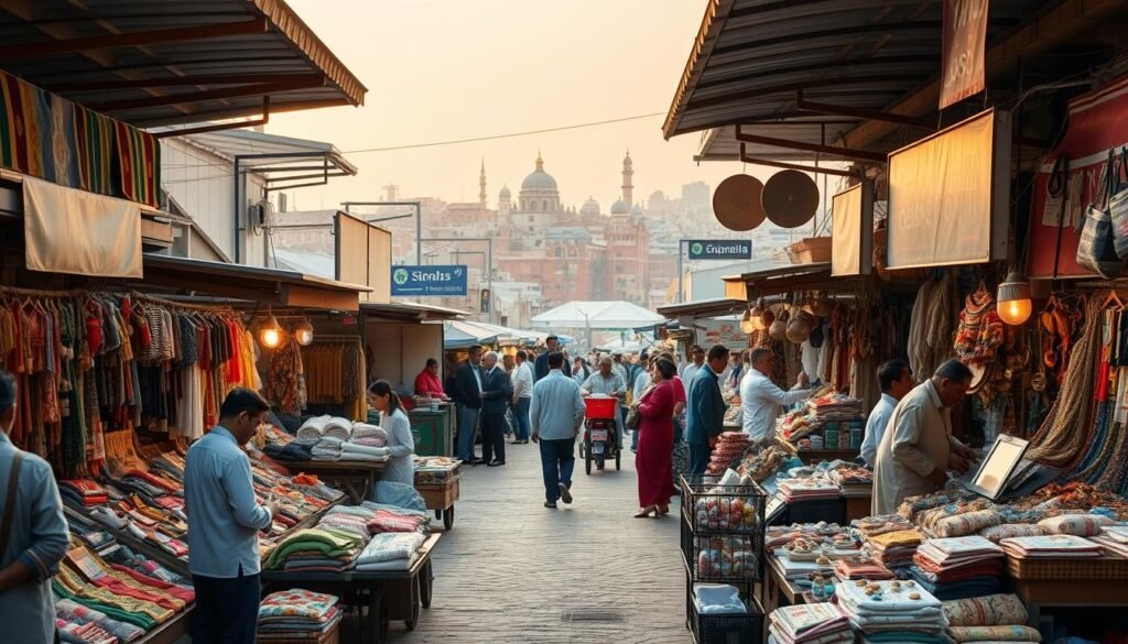 A bustling marketplace with various vendors offering an array of products. In the foreground, stalls display an assortment of handcrafted goods, textiles, and artisanal wares. Vendors in traditional garments interact with customers, creating a lively atmosphere. The middle ground features a mix of mobile carts and fixed stands, each showcasing unique offerings. In the background, a vibrant cityscape unfolds, with architectural details and a warm, golden-hour lighting that casts a soft, inviting glow over the entire scene. The overall composition conveys a sense of diversity, entrepreneurship, and the dynamic nature of a thriving commercial ecosystem.