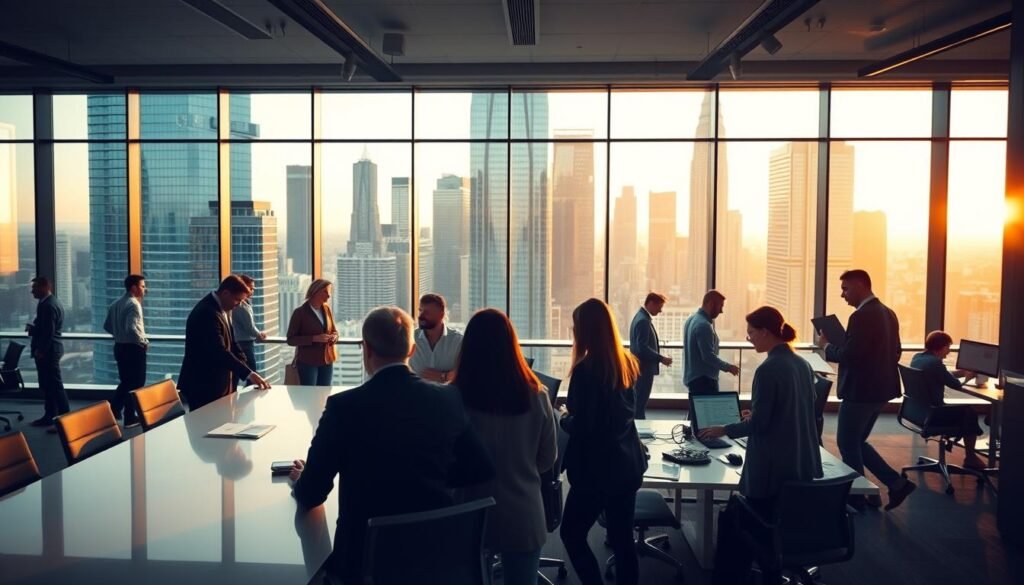 A bustling modern office, filled with a palpable sense of purpose and energy. In the foreground, a group of professionals collaborating intently around a sleek, minimalist conference table, their faces illuminated by the soft glow of a large, panoramic window. The middle ground features an open-concept workspace, with employees engrossed in their tasks, their movements fluid and purposeful. In the background, a towering cityscape of glass and steel skyscrapers, bathed in the warm, golden light of the afternoon sun, conveying a sense of urban vitality and progress. The overall atmosphere is one of focused productivity, strategic thinking, and the collective drive to achieve organizational goals.