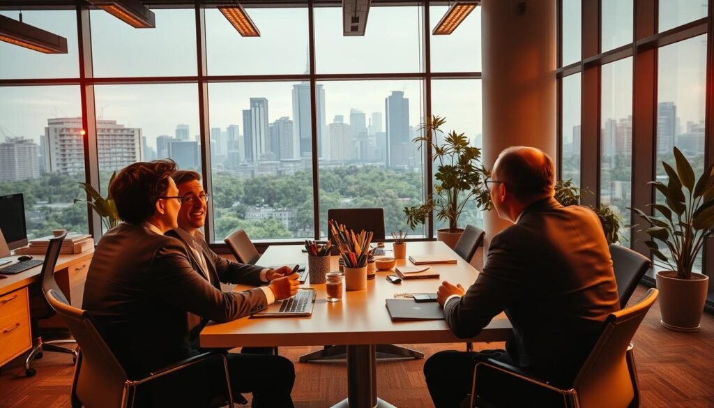 A bustling office scene, illuminated by warm, golden lighting from large windows. In the foreground, three interim managers sit around a conference table, engaged in a lively discussion. They are dressed professionally in tailored suits, their body language conveying confidence and experience. The middle ground features various office equipment and decor, hinting at a well-equipped, modern workspace. In the background, a cityscape of skyscrapers and lush greenery can be seen through the windows, suggesting a dynamic, urban setting. The overall atmosphere exudes a sense of productivity, problem-solving, and a commitment to finding the right solutions for the company's needs.