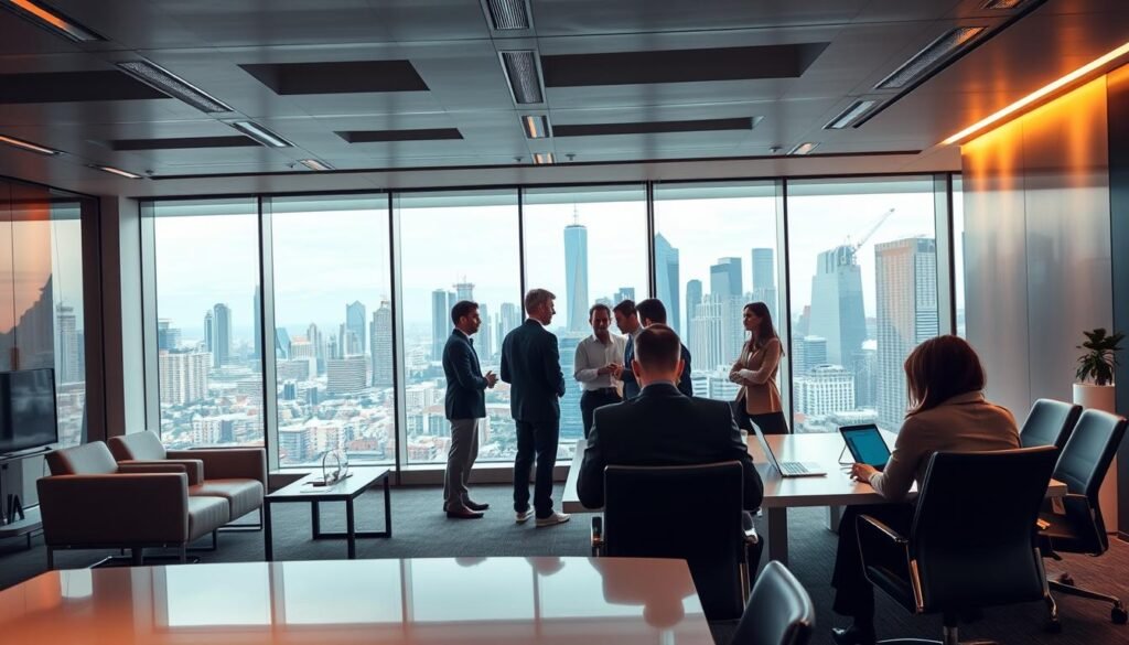 A bustling office scene, with a large conference room in the foreground. Sleek, modern furniture and an expansive table dominate the space, creating an atmosphere of professionalism and collaboration. In the middle ground, a group of executive-looking individuals engage in lively discussions, their body language and expressions conveying deep thought and animated conversation. The background features a panoramic view of a vibrant city skyline, with towering skyscrapers and a warm, golden light filtering through the windows. The overall mood is one of productivity, innovation, and strategic decision-making, reflecting the theme of "Casos de uso y adopción: de screening masivo a shortlist para comités".