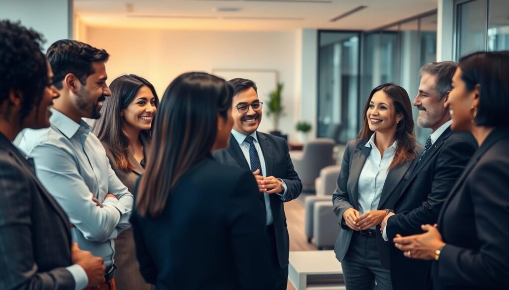 A bustling office scene with clients of diverse backgrounds engaged in lively discussions with executive search consultants. The foreground depicts a group of professionals in smart business attire, expressions conveying a sense of collaboration and trust. The middle ground showcases the consultants, their body language reflecting empathy and a deep understanding of the clients' needs. The background depicts a modern, well-lit office space with sleek furniture and minimalist decor, creating a professional and inviting atmosphere. Soft, warm lighting casts a subtle glow, accentuating the sense of connection between the clients and the consultants. The overall scene conveys the expertise, care, and personalized approach of the executive search firm in serving its valued clientele.