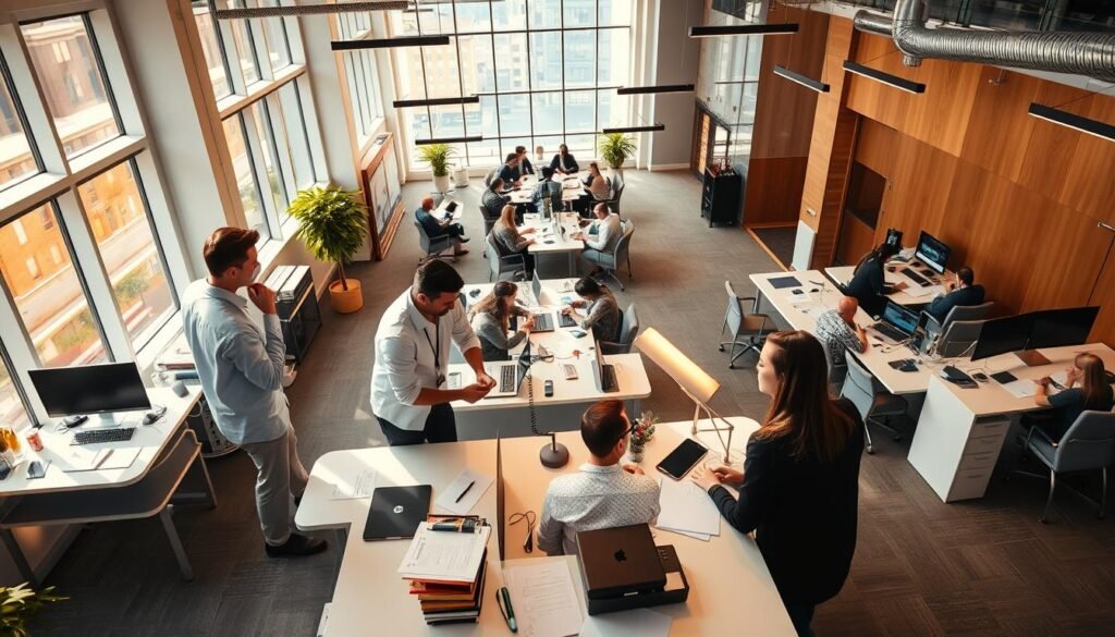 A bustling office setting, illuminated by warm, natural lighting filtering through large windows. In the foreground, a group of professionals engaged in collaborative discussions, papers and laptops scattered across a sleek, modern desk. The middle ground features rows of organized workstations, employees diligently typing away, while in the background, a state-of-the-art conference room hosts a meeting, the participants gesturing animatedly. The overall atmosphere conveys a sense of organized efficiency, with a touch of energy and dynamism befitting the "sociedad operations" of a thriving business.