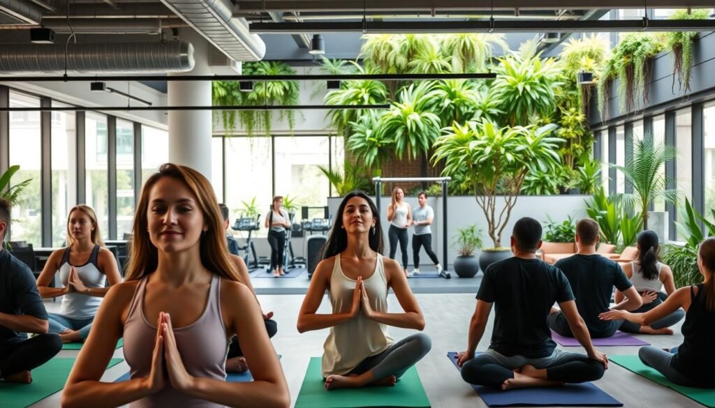 A bustling office space with a serene and rejuvenating wellness center. The foreground features a group of employees engaged in a yoga session, their faces radiating calm and focus. In the middle ground, a modern fitness studio with state-of-the-art equipment and large windows that let in natural light. The background showcases a lush, green rooftop garden where workers relax during their breaks, surrounded by verdant foliage and serene water features. The overall atmosphere exudes a balance of productivity, wellbeing, and sustainable growth, reflecting the benefits of a thriving SAS company in Colombia.
