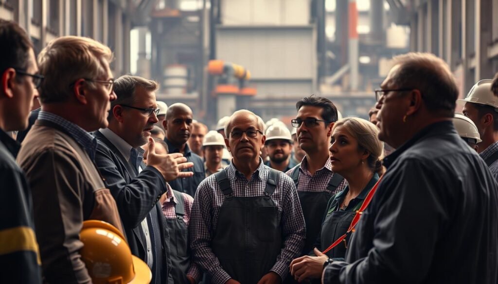A bustling scene of collective bargaining between trade union representatives and business leaders, captured with a crisp, documentary-style aesthetic. In the foreground, gesturing figures engage in animated discussions, their expressions conveying the weight of the negotiations. The middle ground features rows of workers in hard hats and overalls, observing intently. In the background, the imposing facade of a factory or industrial complex looms, casting a sense of gravity over the proceedings. Soft, directional lighting illuminates the faces of the participants, creating a sense of drama and urgency. The overall composition emphasizes the collaborative nature of the collective bargaining process, the intersection of labor and management, and the tangible impact on the workforce.