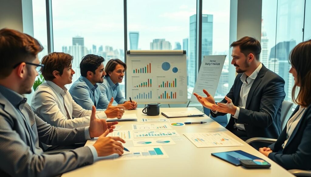 A bustling startup office scene, bright and airy, with a group of well-dressed investors and entrepreneurs gathered around a conference table. The foreground features a dynamic discussion, hands gesturing as they analyze financial projections and pitch decks. In the middle ground, a whiteboard displays colorful charts and graphs, conveying the data-driven nature of their investment decisions. The background showcases a vibrant city skyline through large windows, hinting at the broader landscape of the startup ecosystem. The overall atmosphere is one of excitement, collaboration, and a shared sense of purpose to drive growth and innovation.