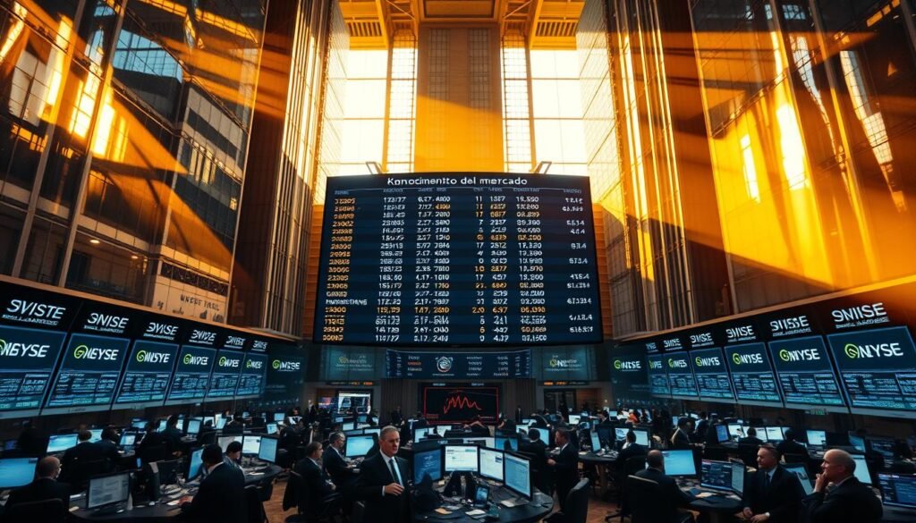 A bustling stock exchange floor, with traders engrossed in their screens, surrounded by towering skyscrapers bathed in warm, golden light filtering through expansive windows. The atmosphere is one of intense focus and anticipation, as the ebb and flow of the market is meticulously observed and analyzed. In the center, a large, digital display board showcases real-time data, providing the critical "conocimiento del mercado" that guides the decision-making of the seasoned professionals. The scene conveys the energy, dynamism, and the importance of staying informed in the rapidly evolving energy sector.