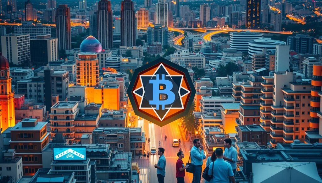 A bustling urban landscape, its buildings and infrastructure cast in warm, golden hues, symbolizing the vibrant, thriving community. At the center, a focal point emerges: a stylized, abstract representation of a token or cryptocurrency, its faceted design reflecting the intricate interplay of decentralized economic systems. Surrounding this central icon, a swirl of activity - people engaged in animated discussions, collaborating on digital screens, demonstrating a sense of shared purpose and social impact. The composition conveys a harmonious balance between technological innovation and human-centric progress, capturing the essence of "Impacto social y tokenomics aplicados" in a visually compelling way.