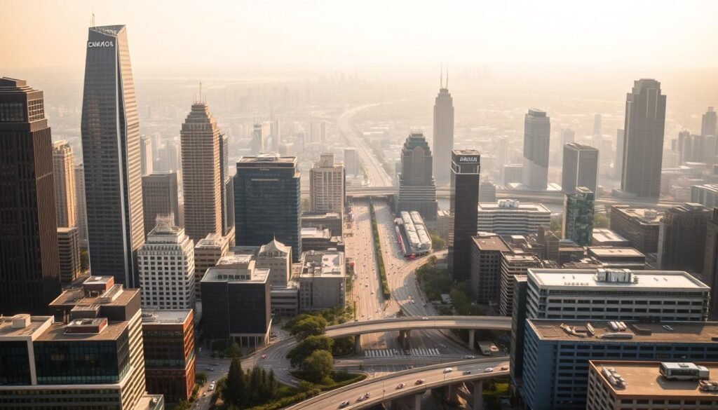 A bustling urban landscape, with towering skyscrapers and busy streets. In the foreground, a diverse array of commercial and industrial buildings, each with its own unique architectural style, representing the various sectors that make up the vibrant economy of the city. The middle ground features a network of roads and intersections, with cars and pedestrians navigating the flow of traffic. In the background, a hazy skyline stretches out, a testament to the city's growth and development. The scene is bathed in a warm, golden light, creating a sense of energy and opportunity. The overall composition conveys the dynamism and diversity of the city's business sectors, highlighting the potential for growth and success.