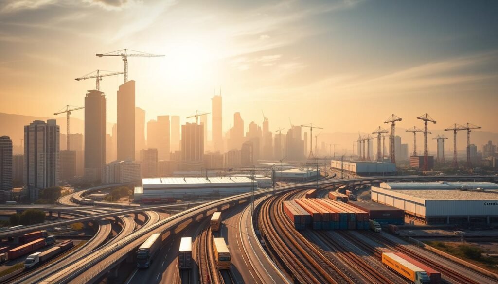 A bustling urban landscape with towering skyscrapers and cranes dotting the skyline, reflecting the vibrant supply chain networks of Colombia. In the foreground, a network of roads and railways converge, with cargo trucks and trains moving goods across the country. The middle ground features sprawling warehouses and distribution centers, their facades adorned with the logos of major logistics companies. The background is bathed in warm, golden light, conveying a sense of industrious progress and economic vitality. The overall scene captures the unique logistical challenges and opportunities present in the Colombian market, with an emphasis on the dynamic supply chain infrastructure that powers its growth.