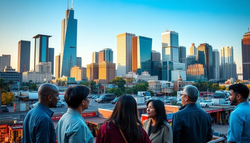 A bustling urban landscape, with towering skyscrapers and modern office buildings in the background, set against a clear blue sky. In the foreground, a group of local businesspeople engaged in a lively discussion, their faces reflecting a deep understanding of the city's unique commercial climate. The middle ground features a diverse array of small shops and restaurants, each embodying the vibrant culture and heritage of the region. Warm, diffused lighting casts a welcoming glow over the scene, conveying a sense of collaboration and shared purpose among the community. The overall composition showcases the synergy between a national business presence and the nuanced local knowledge that drives its success.