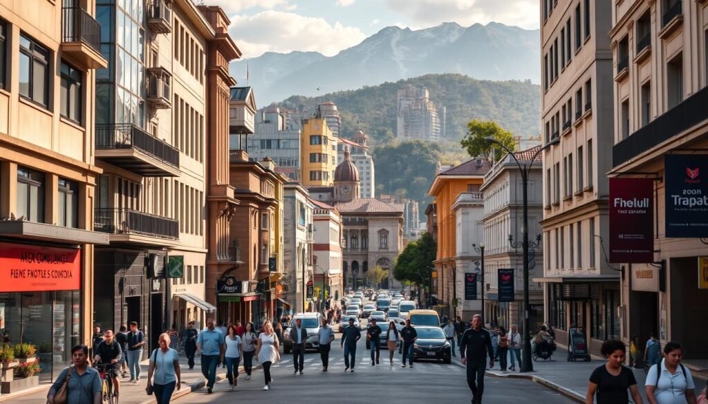 A bustling urban scene in Bogotá, Colombia, showcasing the local context and compliance. In the foreground, pedestrians navigate the lively city streets, passing by well-maintained buildings and businesses that adhere to local regulations. The middle ground features a mix of modern and traditional architecture, with a focus on architectural details that reflect the unique character of the city. In the background, the towering Andes mountains provide a majestic backdrop, hinting at the geographical and cultural diversity of the region. The lighting is warm and inviting, casting a golden glow over the scene and creating a sense of vibrancy and productivity. The overall composition conveys a harmonious blend of urban development and local compliance, highlighting Bogotá's commitment to its people and its environment.