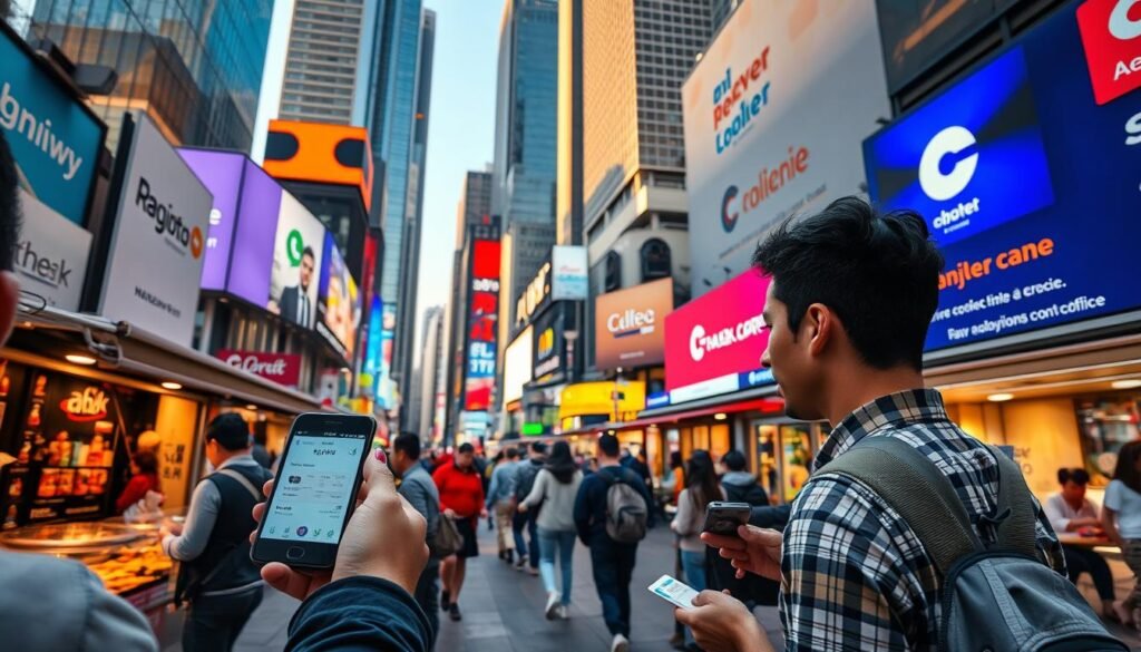 A bustling urban street scene, with a variety of payment methods on display. In the foreground, a customer using a smartphone to make a mobile payment at a local vendor's stall, their screen showing a digital wallet interface. In the middle ground, a mix of cash transactions and contactless card payments at nearby shops and cafes, conveying a hybrid cash-digital economy. In the background, towering skyscrapers and billboards advertising various e-commerce platforms, creating a sense of a thriving, technology-driven commercial landscape. The lighting is warm and vibrant, capturing the energy and activity of a prosperous urban center.