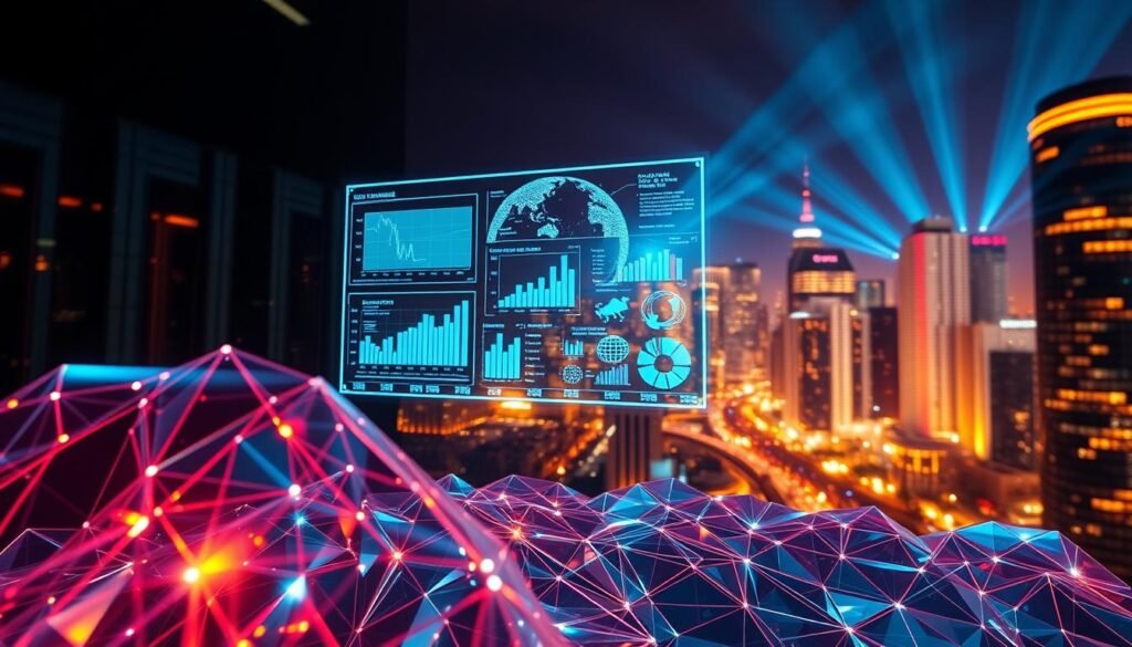 A captivating visualization of "insights" illuminating the future of AI-powered business intelligence for modern leadership. In the foreground, a prismatic array of geometric shapes and polygons representing the multifaceted nature of data-driven decision-making. The middle ground features a holographic display projecting dynamic charts, graphs, and visualizations, casting an ethereal glow. In the background, a vibrant, tech-infused cityscape symbolizes the interconnected, data-rich landscape of the business world. Lighting is a balance of warm, ambient tones and cool, directional beams, creating depth and dimension. The overall mood is one of innovation, clarity, and the transformative power of AI-driven business intelligence for today's leaders.