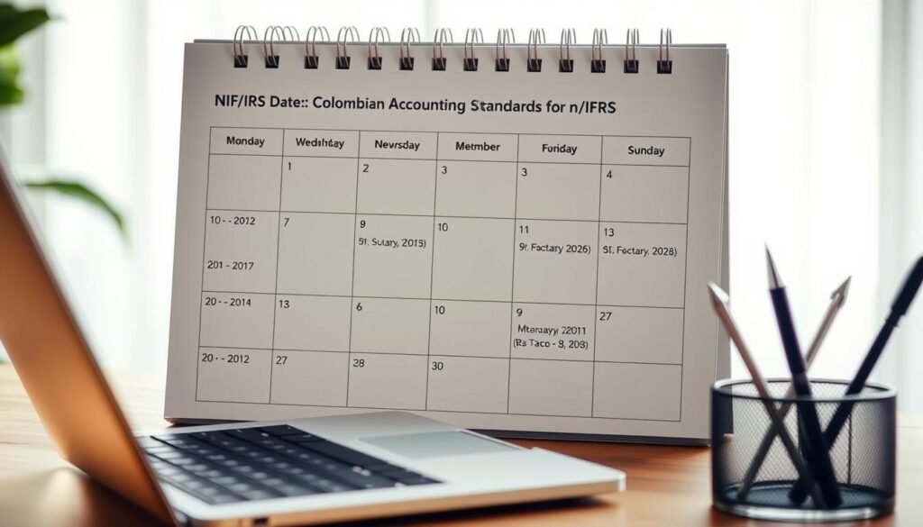 A clean, minimalist calendar displaying important reporting dates for Colombian accounting standards (NIIF/IFRS) compliance, with a soft, warm lighting and a muted, professional color palette. The calendar is placed on a wooden desk, with a modern laptop and a pen holder in the foreground, suggesting a workspace setting. The background is blurred, creating a sense of focus on the essential information. The overall atmosphere is one of organization, attention to detail, and compliance with regulatory requirements.