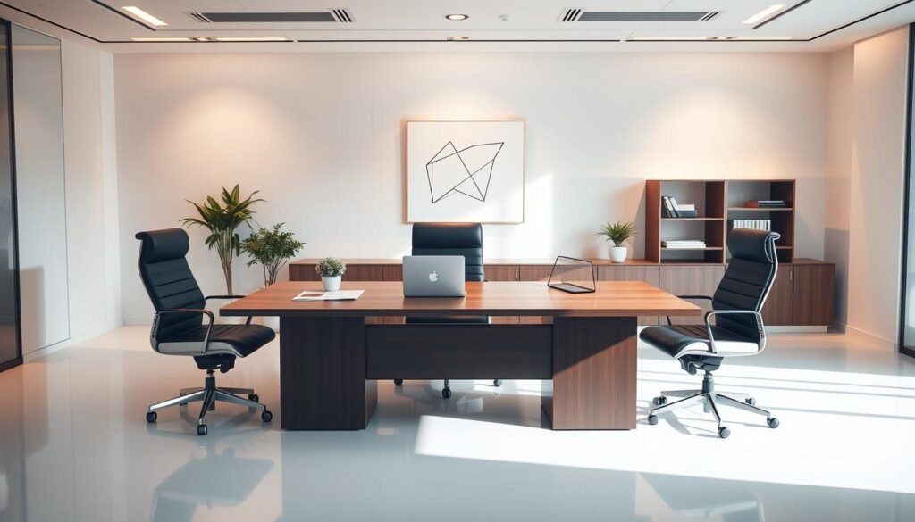 A clean, well-lit corporate office setting, with a central desk and executive chairs representing the full-time, interim, and fractional CFO roles. The desk is positioned in a professional, symmetrical layout, with a laptop, documents, and a potted plant adding subtle details. Warm, indirect lighting casts a soft glow, creating a calm, focused atmosphere. The background features minimalist decor, such as a geometric artwork or shelving, hinting at the financial and strategic nature of the CFO's responsibilities. The overall composition conveys a sense of professionalism, expertise, and the diverse options available for CFO placement.