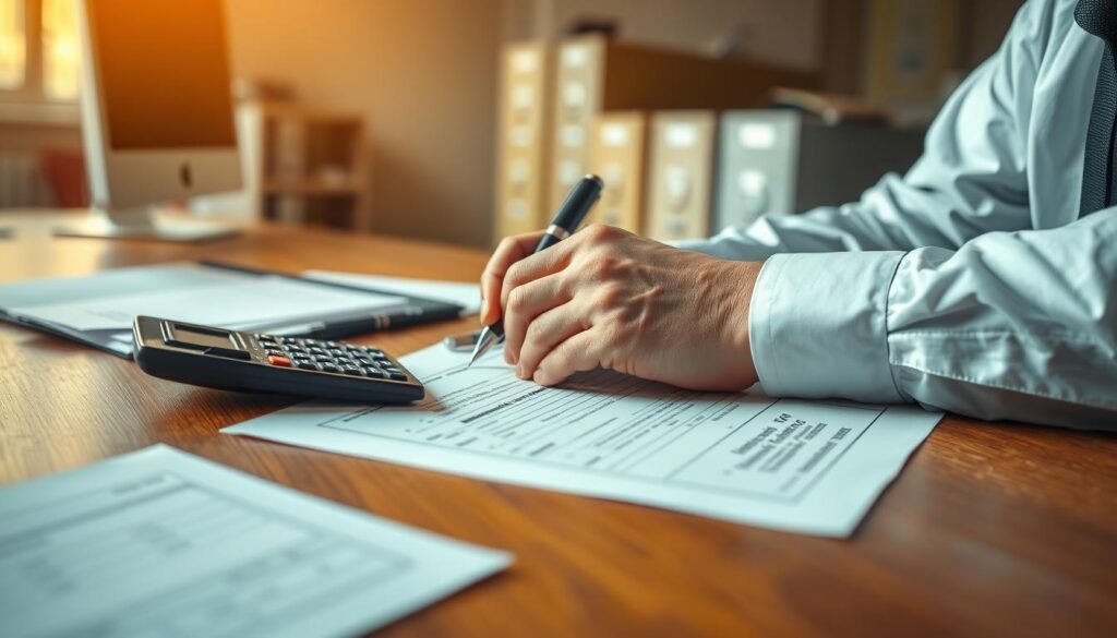 A close-up view of a businessman's hands filling out an income tax withholding form, with a calculator, pen, and documents scattered on a wooden desk. The lighting is warm and focused, creating a sense of concentration and attention to detail. In the background, a blurred office setting with a computer monitor and filing cabinets, hinting at the broader context of payroll and tax management. The overall atmosphere conveys the importance and seriousness of the task at hand, reflecting the title "Income tax withholding and payroll taxes". A close-up view of a businessman's hands filling out an income tax withholding form, with a calculator, pen, and documents scattered on a wooden desk. The lighting is warm and focused, creating a sense of concentration and attention to detail. In the background, a blurred office setting with a computer monitor and filing cabinets, hinting at the broader context of payroll and tax management. The overall atmosphere conveys the importance and seriousness of the task at hand, reflecting the title "Income tax withholding and payroll taxes".