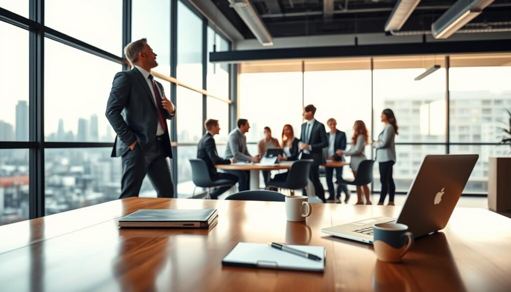 A confident business leader stands in a sleek office environment, gazing out at a city skyline through large glass windows, symbolizing vision and leadership. In the foreground, a polished wooden desk is adorned with a laptop, a notepad, and a coffee cup, emphasizing a professional workspace. In the middle ground, a diverse group of employees, dressed in professional attire, engage in a lively brainstorming session, showcasing collaboration and teamwork. The background features soft, natural lighting filtering through the windows, casting warm, inviting tones across the space. The overall mood is one of empowerment and inspiration, reflecting the themes of personal growth and leadership potential in coaching. The angle is slightly elevated, capturing both the leader's perspective and the dynamic office atmosphere.