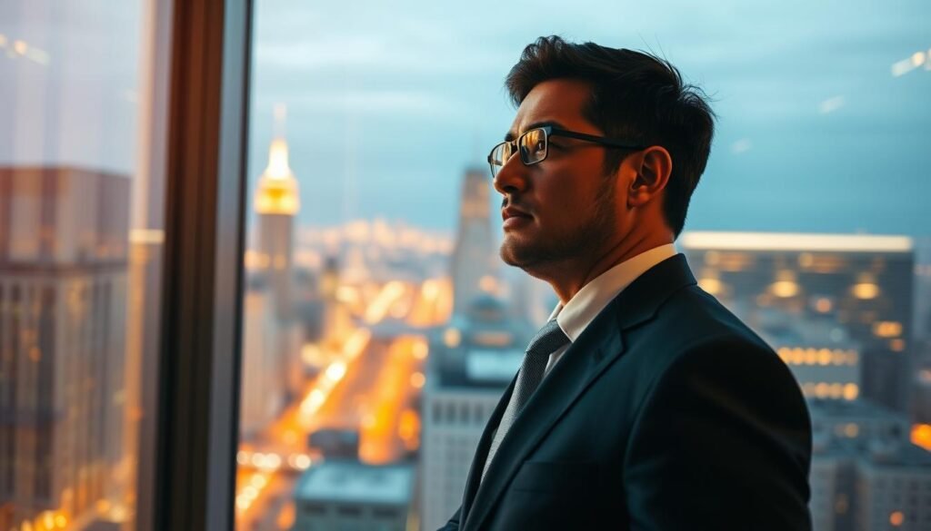 A confident, suit-clad individual stands in a modern, well-lit office, gazing thoughtfully out a large window overlooking a bustling city skyline. Warm, natural lighting illuminates their face, conveying a sense of poise and leadership. The scene is captured from a low angle, emphasizing their authority and presence. The background is deliberately blurred, keeping the focus on the new CEO's decisive expression and poised demeanor, ready to guide the company through its next chapter.