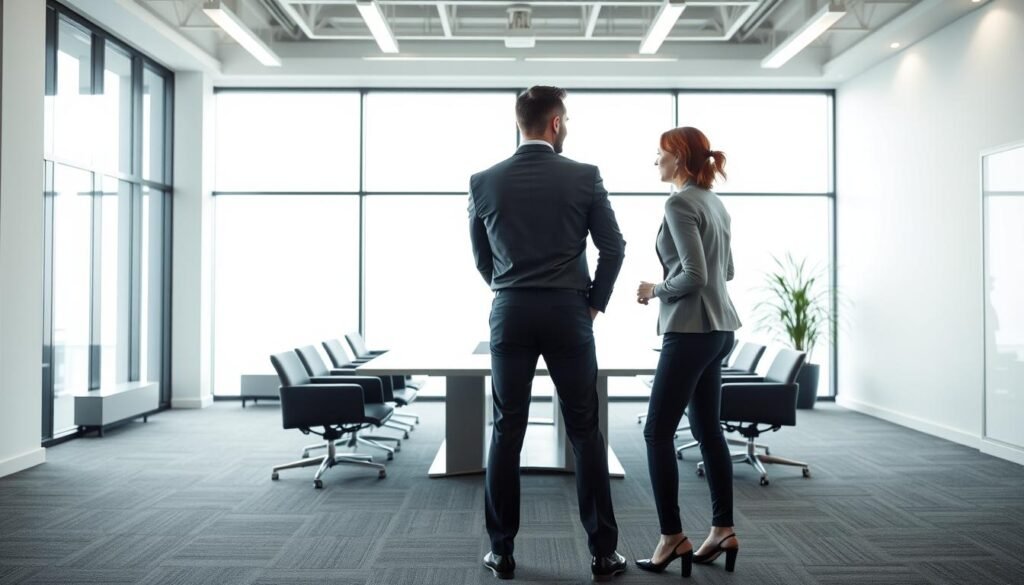 A contemporary office space with a minimalist, professional atmosphere. In the foreground, two individuals engaged in a discussion, representing the interim management process. Their attire and body language convey a sense of collaboration and strategic decision-making. The middle ground features a sleek, well-appointed conference table, signifying the setting for important business discussions. The background showcases floor-to-ceiling windows, allowing natural light to flood the space and create a bright, airy ambiance. The lighting is soft and diffused, enhancing the sense of professionalism and expertise. The color palette is subdued, with shades of gray, white, and subtle accents of blue or green, reflecting the formal and efficient nature of the interim management service.