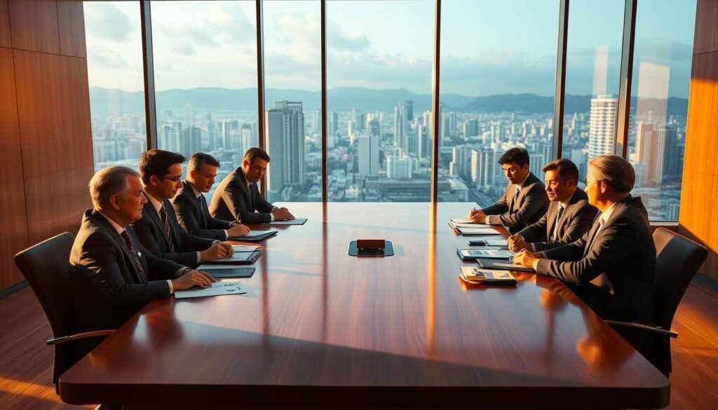 A corporate boardroom bathed in warm, golden light, with a large, polished wooden table at the center. Around it, executives in tailored suits discuss financial reports and compliance regulations, their expressions serious yet thoughtful. In the background, a wall-sized window offers a panoramic view of a bustling city skyline, symbolizing the connection between governance, transparency, and the strength of the Colombian markets. The mood is one of professionalism, responsibility, and a commitment to upholding the highest standards of accounting practices.