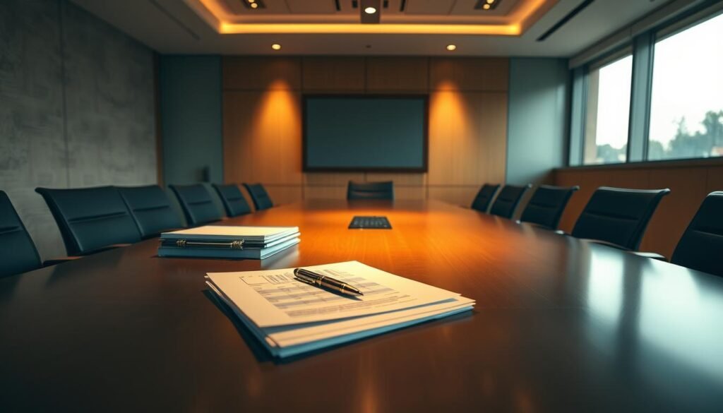 A corporate boardroom table, illuminated by warm, focused lighting. On the table, a stack of financial documents, a calculator, and a pen resting atop crisp, white shares certificates. The room's walls feature a muted, professional color palette, with subtle textures adding depth. Large, floor-to-ceiling windows allow natural light to filter in, casting a soft, diffused glow over the scene. The overall atmosphere conveys a sense of serious deliberation and financial decision-making, reflecting the "Share Capital, Shares, and Corporate Structure" subject matter. A corporate boardroom table, illuminated by warm, focused lighting. On the table, a stack of financial documents, a calculator, and a pen resting atop crisp, white shares certificates. The room's walls feature a muted, professional color palette, with subtle textures adding depth. Large, floor-to-ceiling windows allow natural light to filter in, casting a soft, diffused glow over the scene. The overall atmosphere conveys a sense of serious deliberation and financial decision-making, reflecting the "Share Capital, Shares, and Corporate Structure" subject matter.