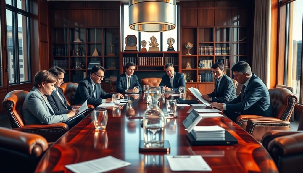 A corporate boardroom with executives discussing financial reports and compensation packages. The scene is illuminated by warm, natural lighting from large windows, casting a soft glow on the polished wood furniture and leather chairs. In the foreground, a team of C-level managers pore over spreadsheets and documents, engaged in animated discussion. The middle ground features a large, ornate conference table with elegant centerpieces, reflecting the company's attention to corporate governance. The background showcases shelves of business books and awards, highlighting the organization's commitment to professionalism and compliance.
